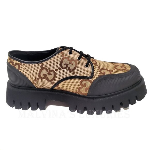 GUCCI SHOES MENS MAXI GG CANVAS LACE-UP LOAFERS w LUG SOLE - Picture 8 of 15